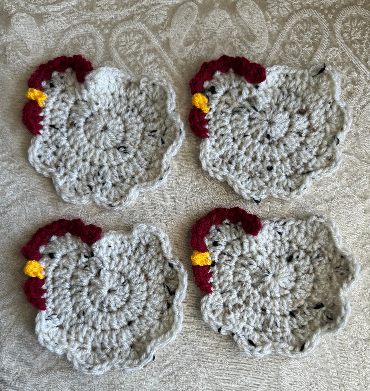 Set of 4 Crochet Chicken Coasters White