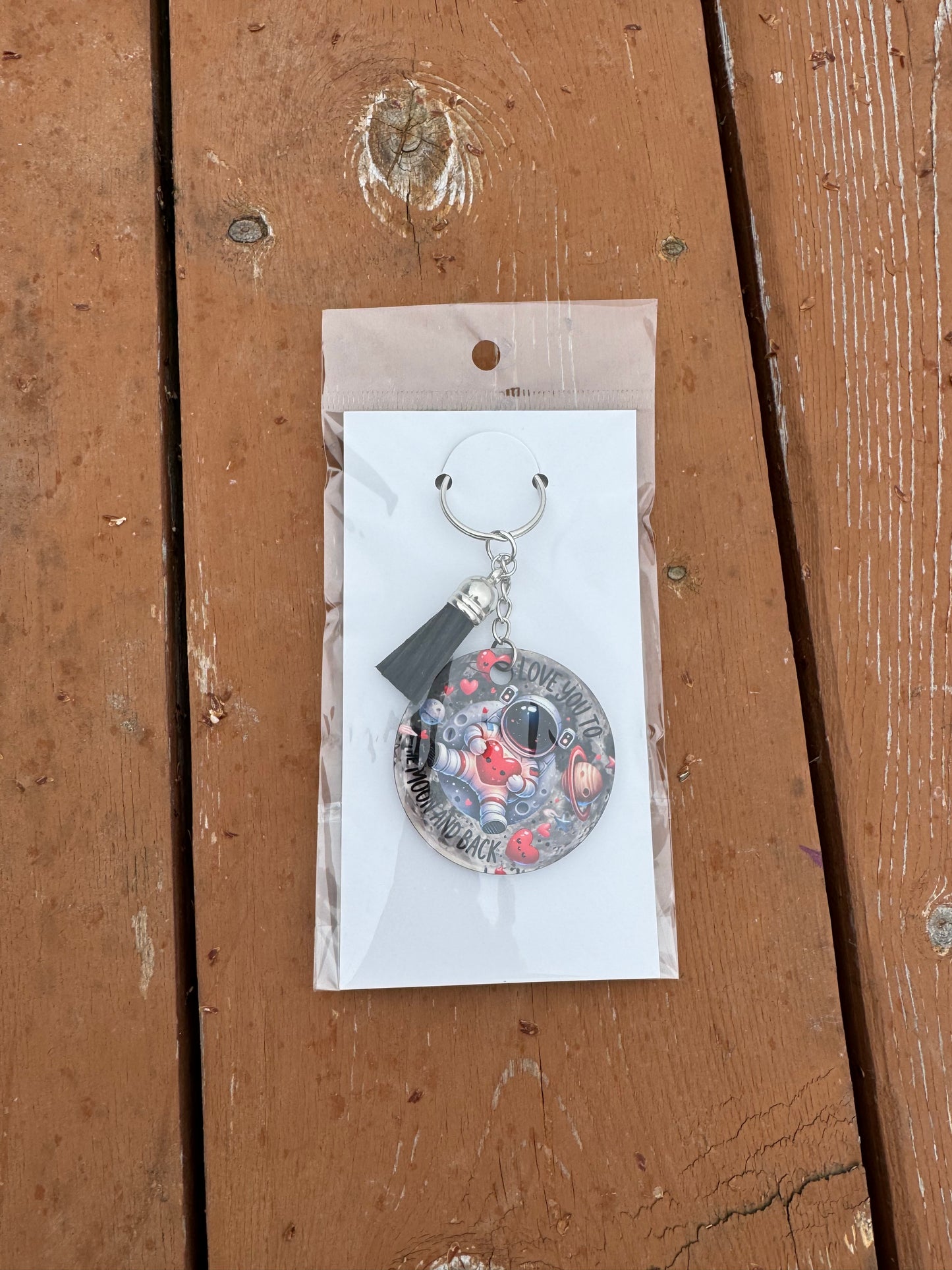 Love you to the Moon and Back Round Keychain with Tassel